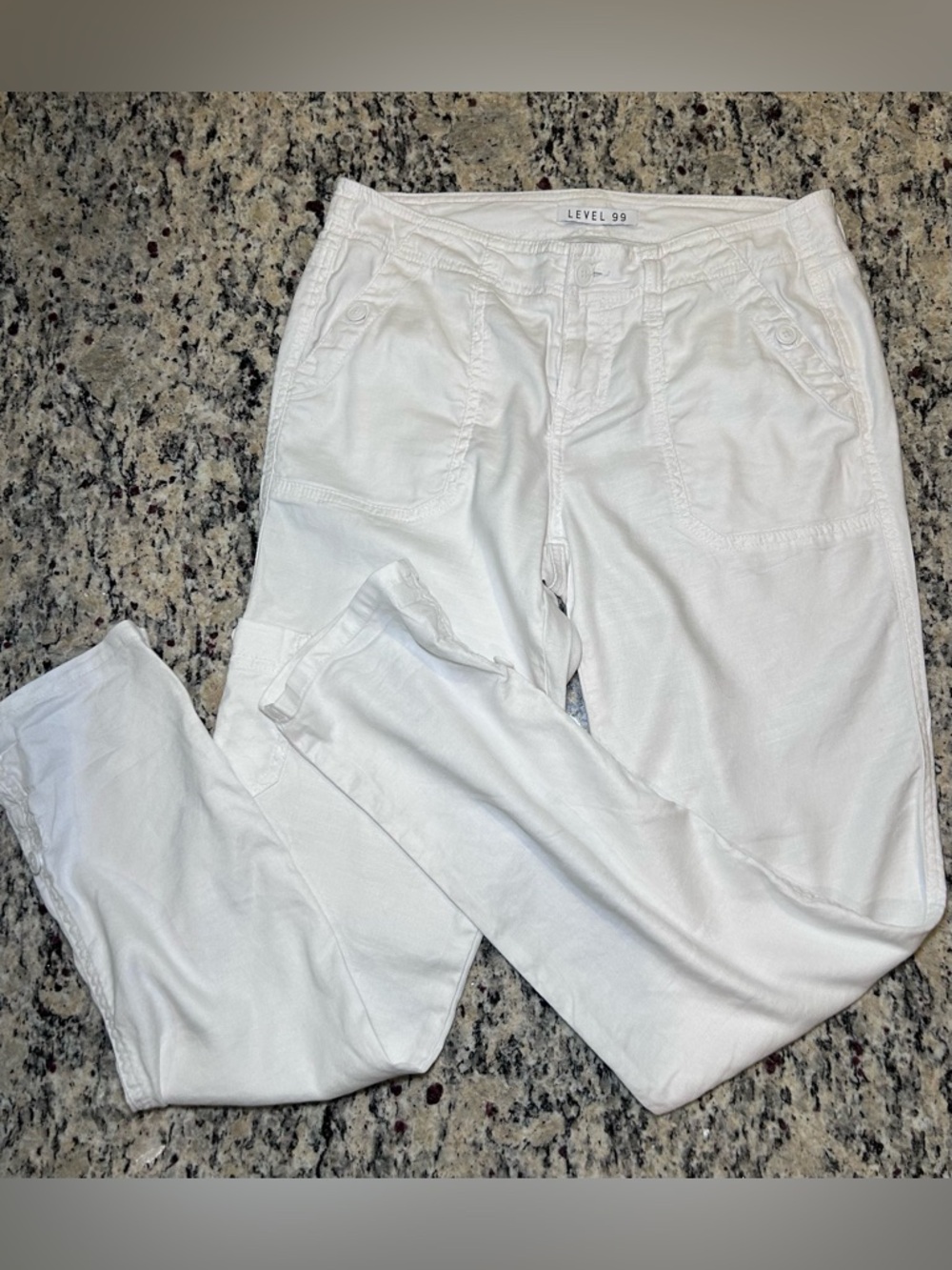 Level 99 Anthropologie White Linen Utility Button-Front Pants with Cuffs